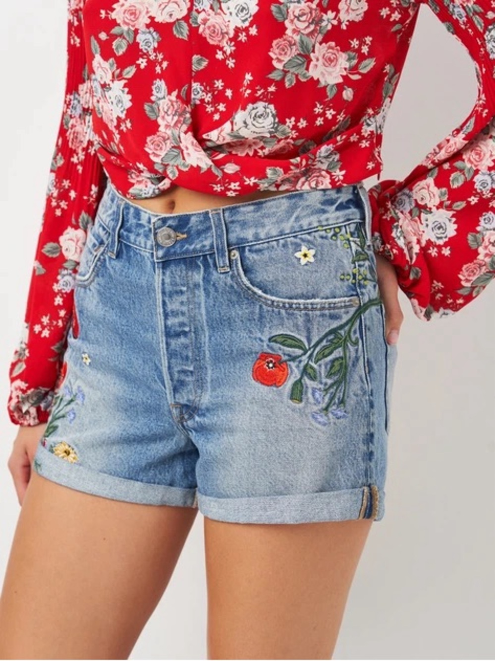 H&M Light Blue Denim Embroidered High-Rise Shorts